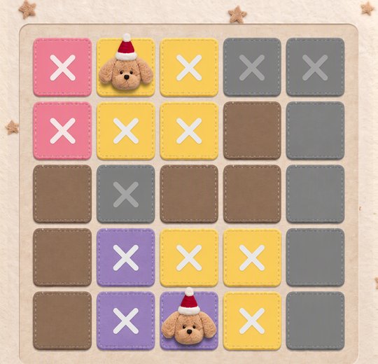 A 5×5 felt sudoku board with marked cells