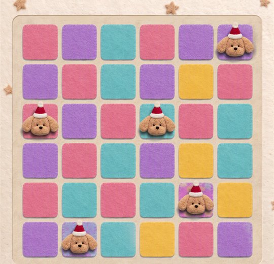 A 6×6 felt sudoku board with several puppies placed